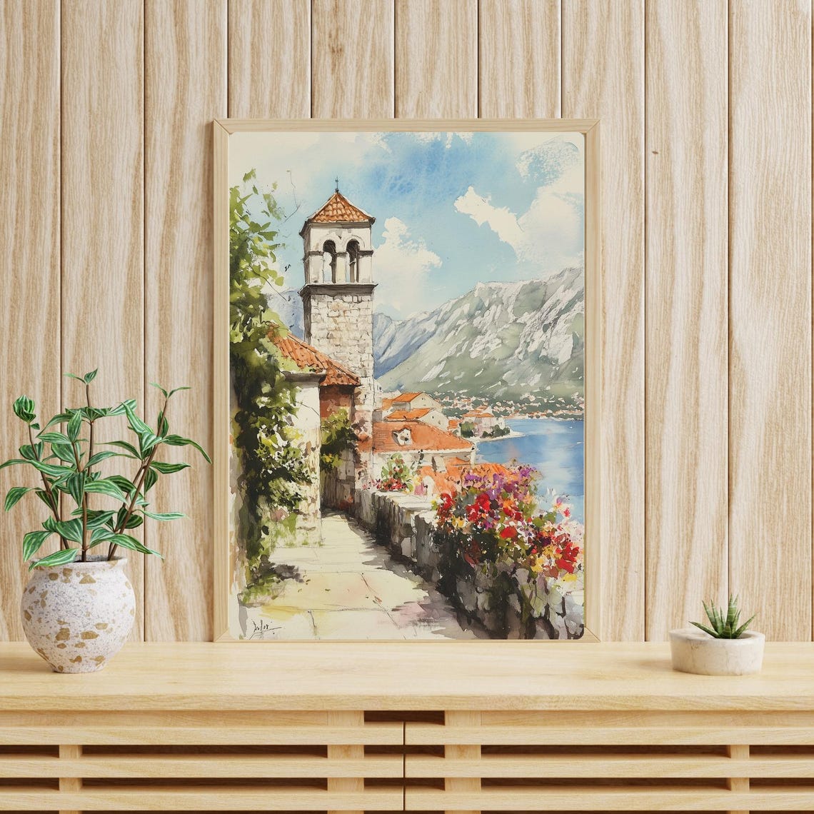 Kotor Montenegro Bell Tower Bay Blooming Flowers Watercolor Poster - Image 4