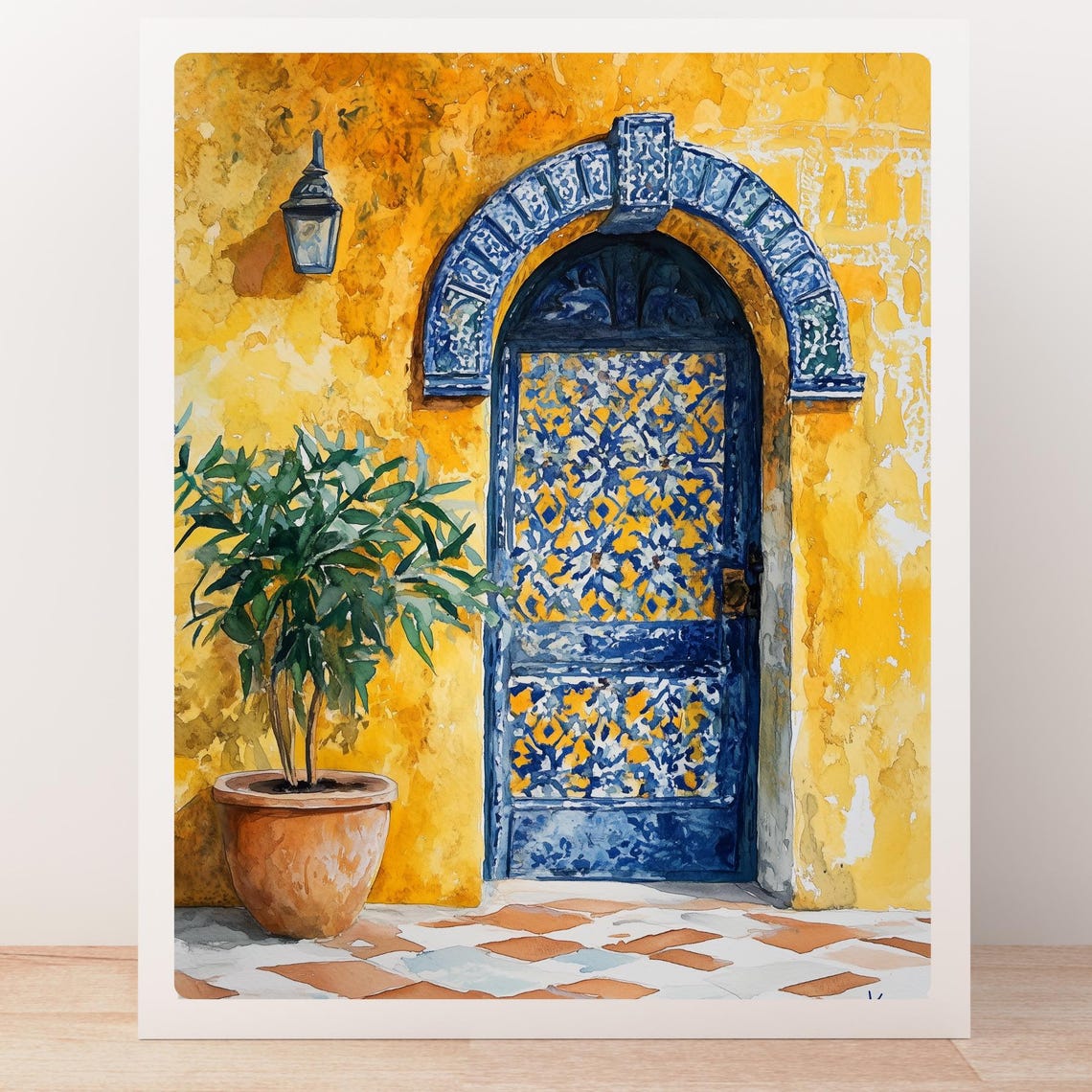 Moroccan Yellow Wall Blue Tile Arch Doorway Lantern Watercolor Poster - Image 5