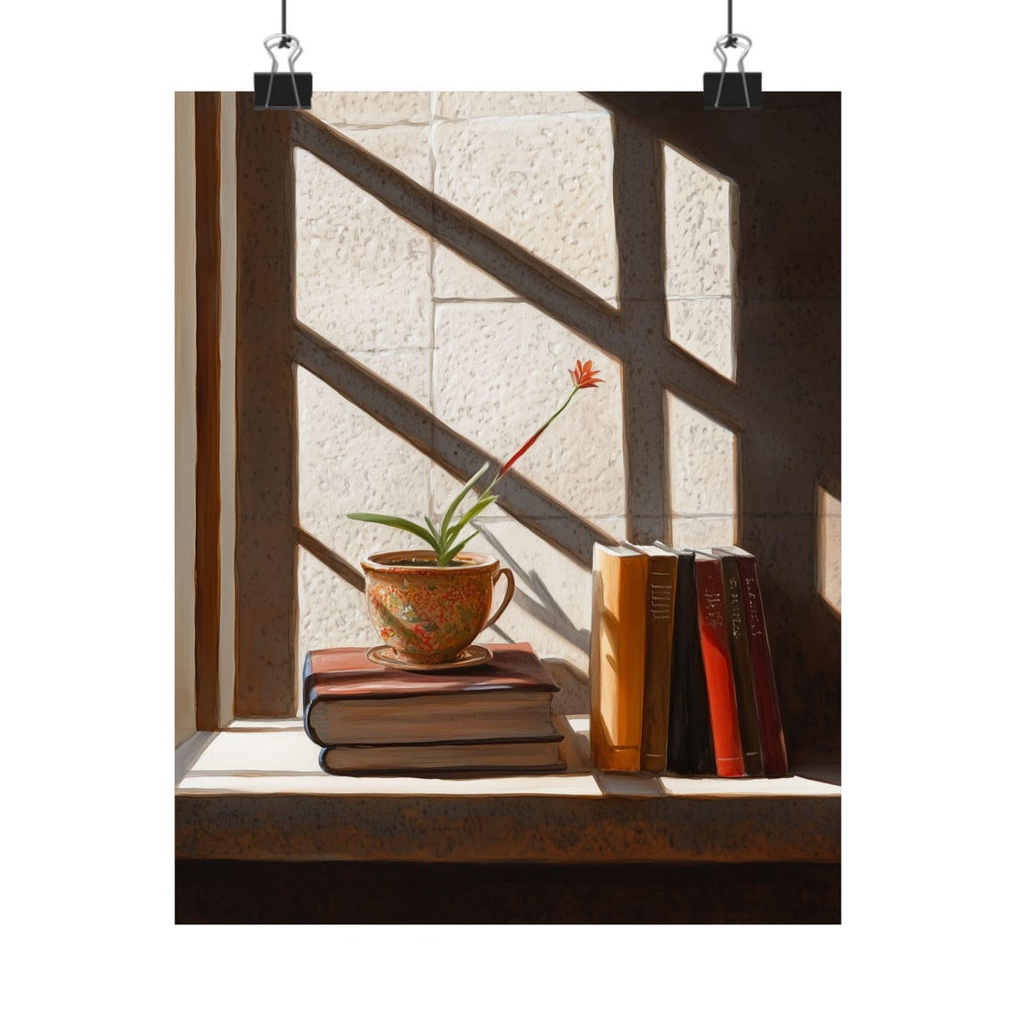 Sunlit Window Books Potted Flower Still Life Reading Nook Poster