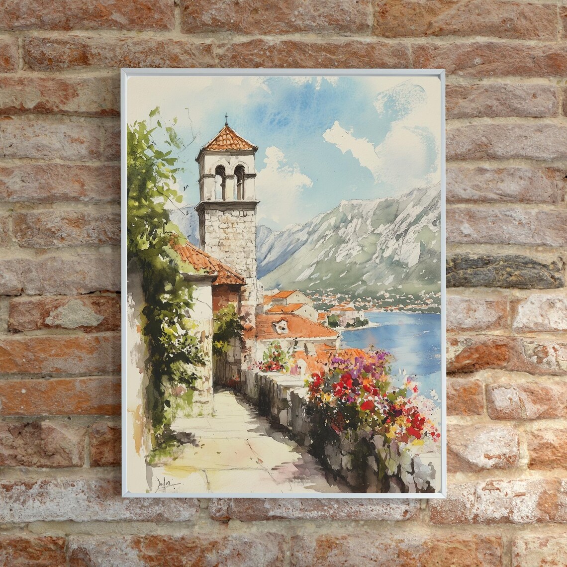 Kotor Montenegro Bell Tower Bay Blooming Flowers Watercolor Poster - Image 6