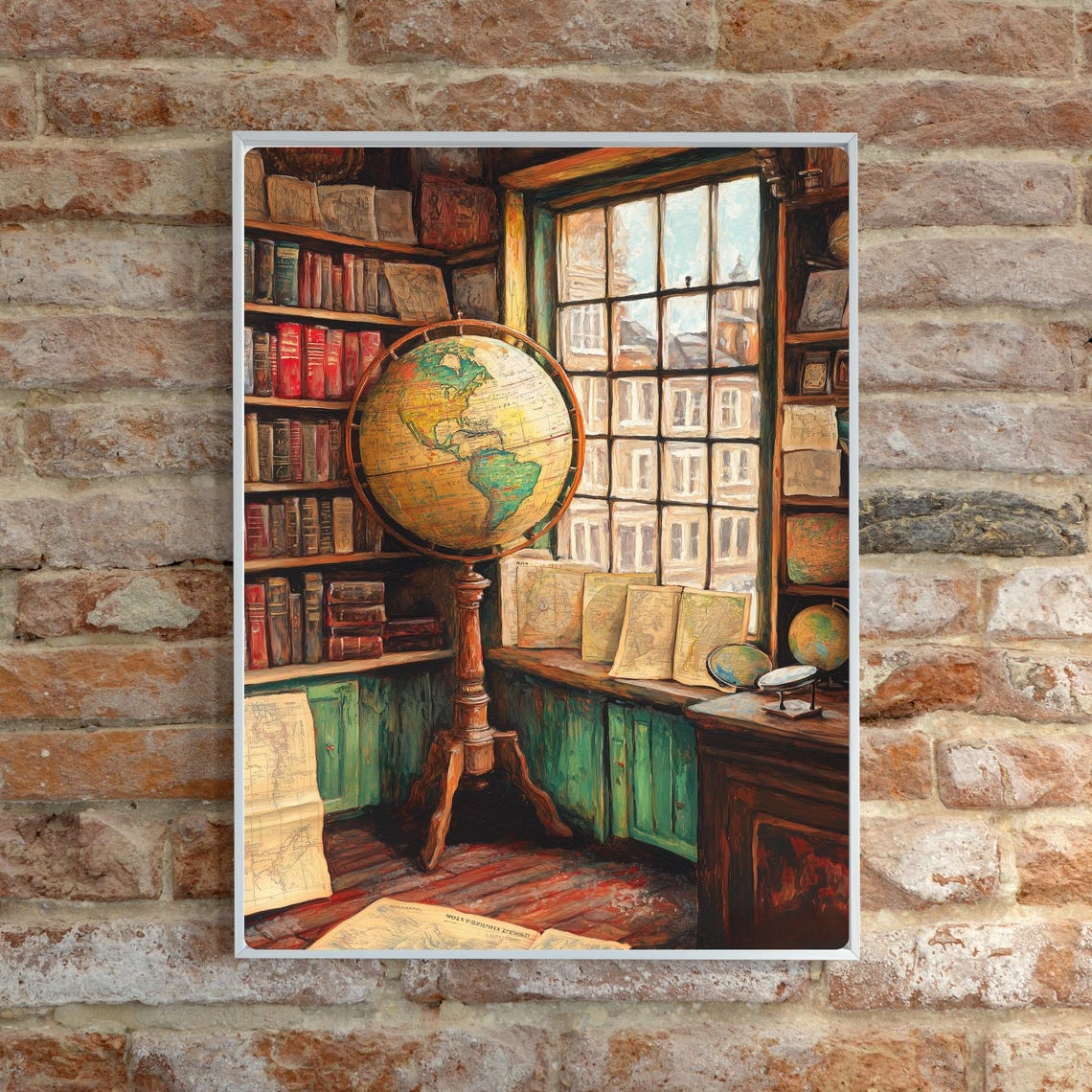 Antique Map Shop Study with Vintage Globe and Bookshelves Print - Image 6