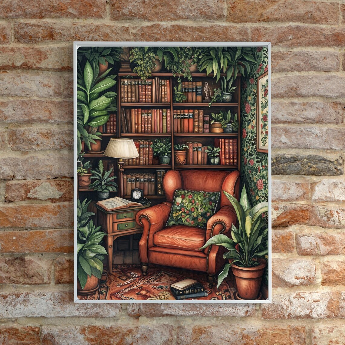 Botanical Reading Nook with a Leather Armchair and Books Print - Image 6