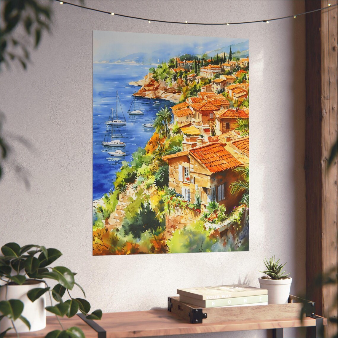 French Riviera Coastal Village with Sailboats Watercolor Poster - Image 6