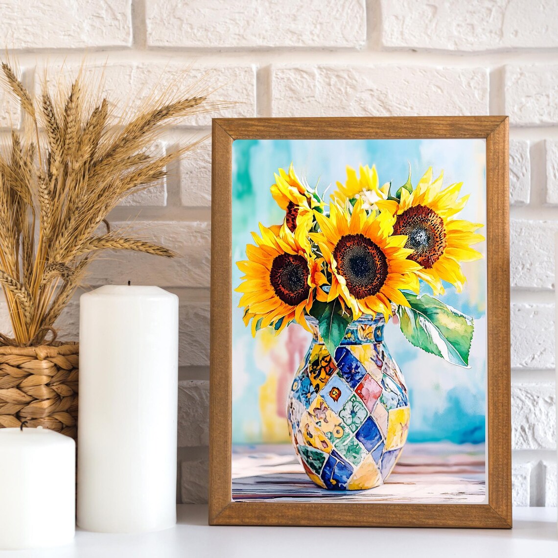 Sunflower Bouquet in Colorful Mosaic Vase Sunny Floral Poster - Image 2