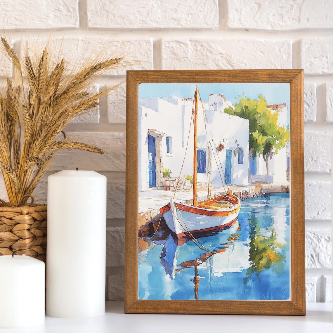 Whitewashed Greek Island Harbor with a Moored Sailboat Poster - Image 3
