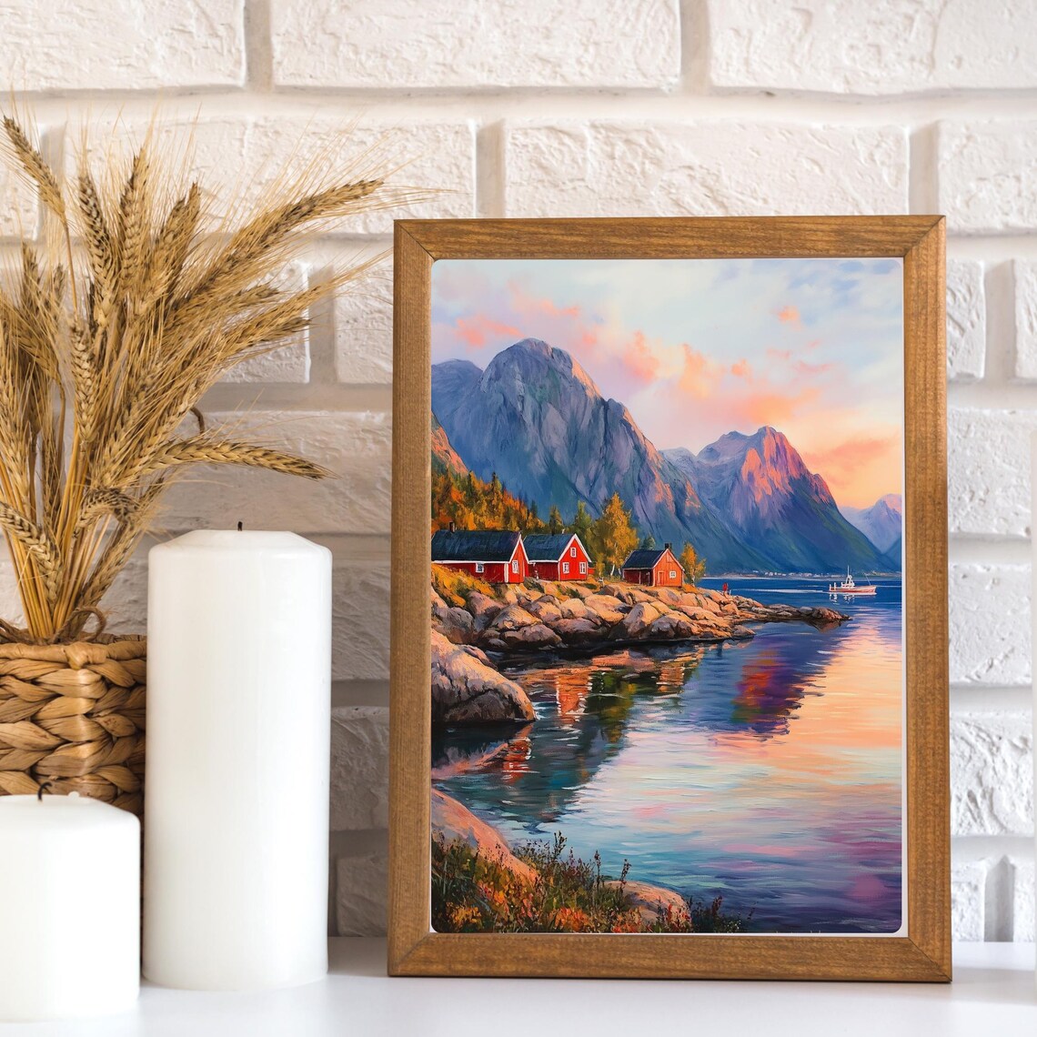 Norwegian Fjord Sunset Red Cabins Rocky Shore Mountain Lake Poster - Image 2