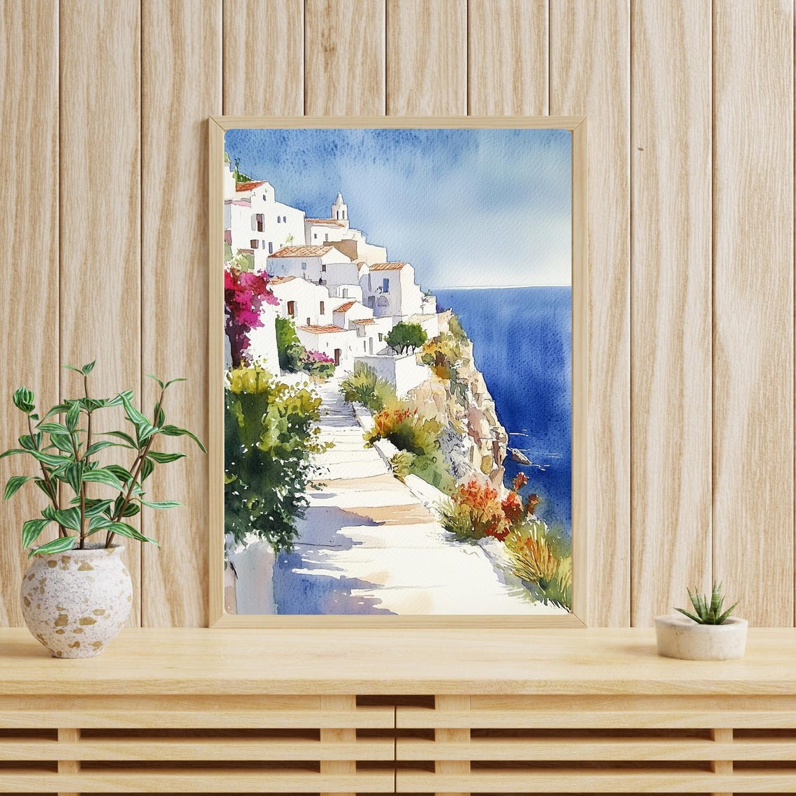 Whitewashed Cliffside Village Bougainvillea Mediterranean Poster - Image 3