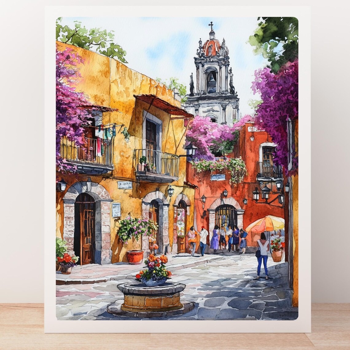 Colorful Coyoacan Plaza with Church Tower and Flower Fountain Poster - Image 5