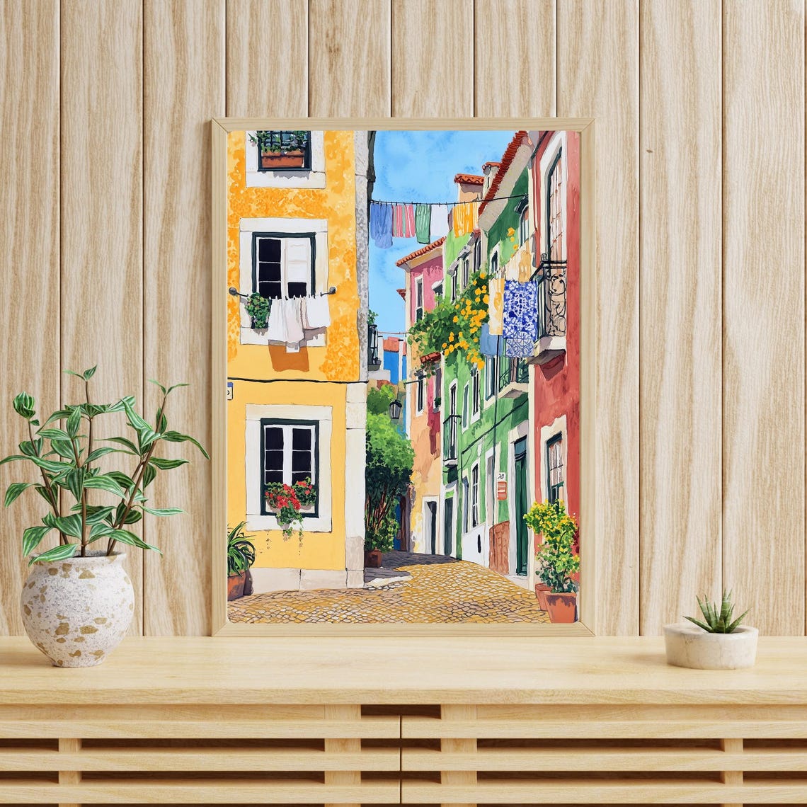 Alfama Lisbon Cobblestone Street with Hanging Laundry Lines Poster - Image 4