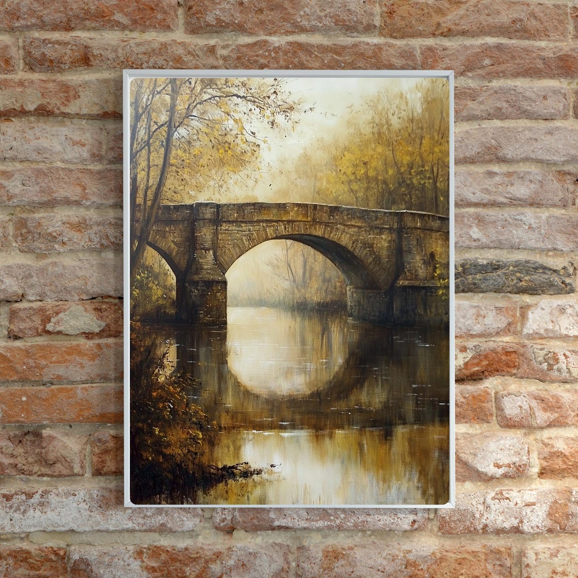 Old Stone Bridge Autumn River Reflection Oil Painting Poster - Image 4