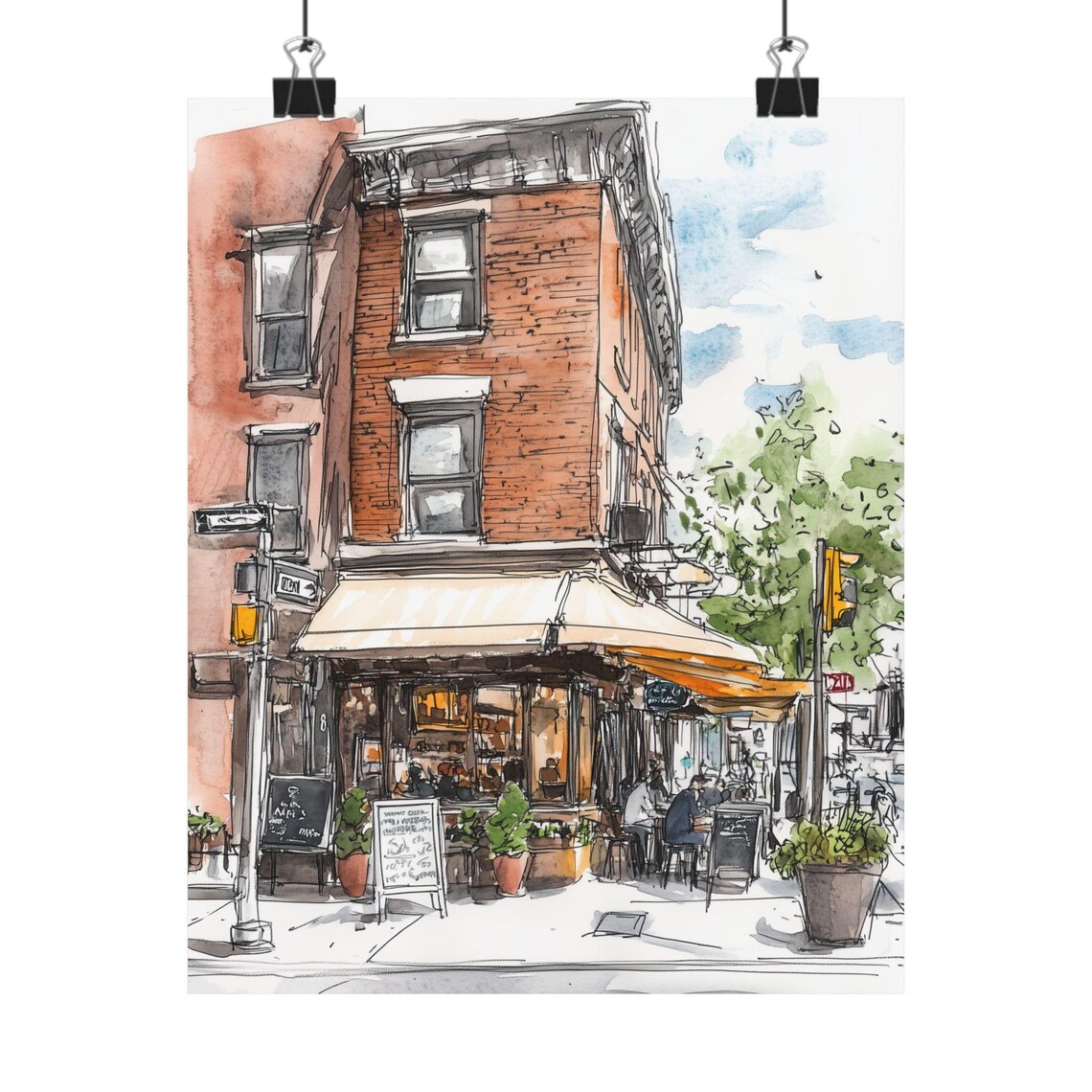 Brick Corner Coffee Shop Bustling Urban Street Sketch Poster