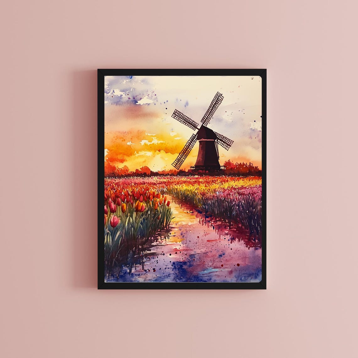 Dutch Windmill Sunset Over Colorful Tulip Fields Watercolor Poster - Image 2