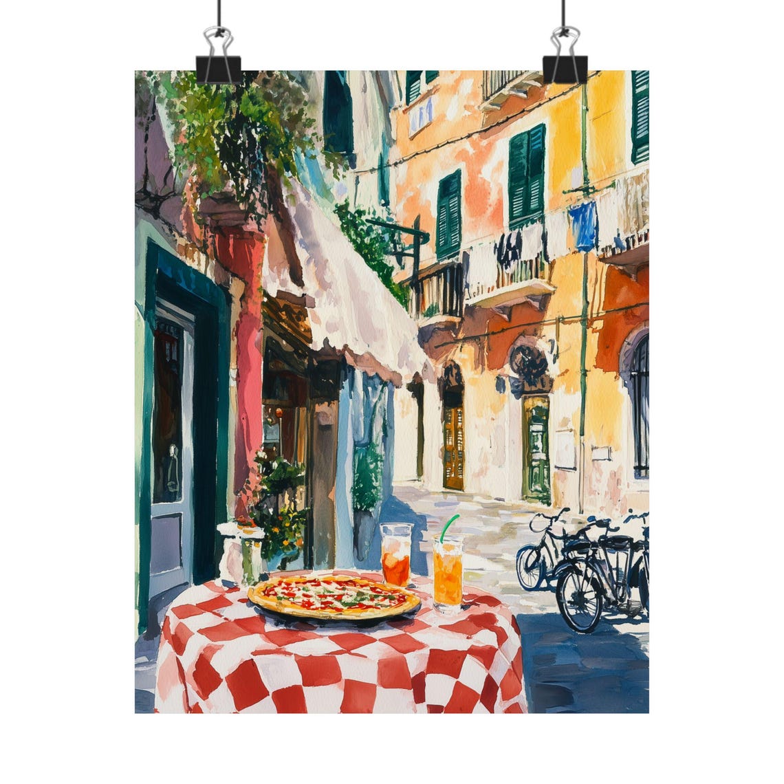 Naples Trattoria Pizza Served on a Checkered Tablecloth Print
