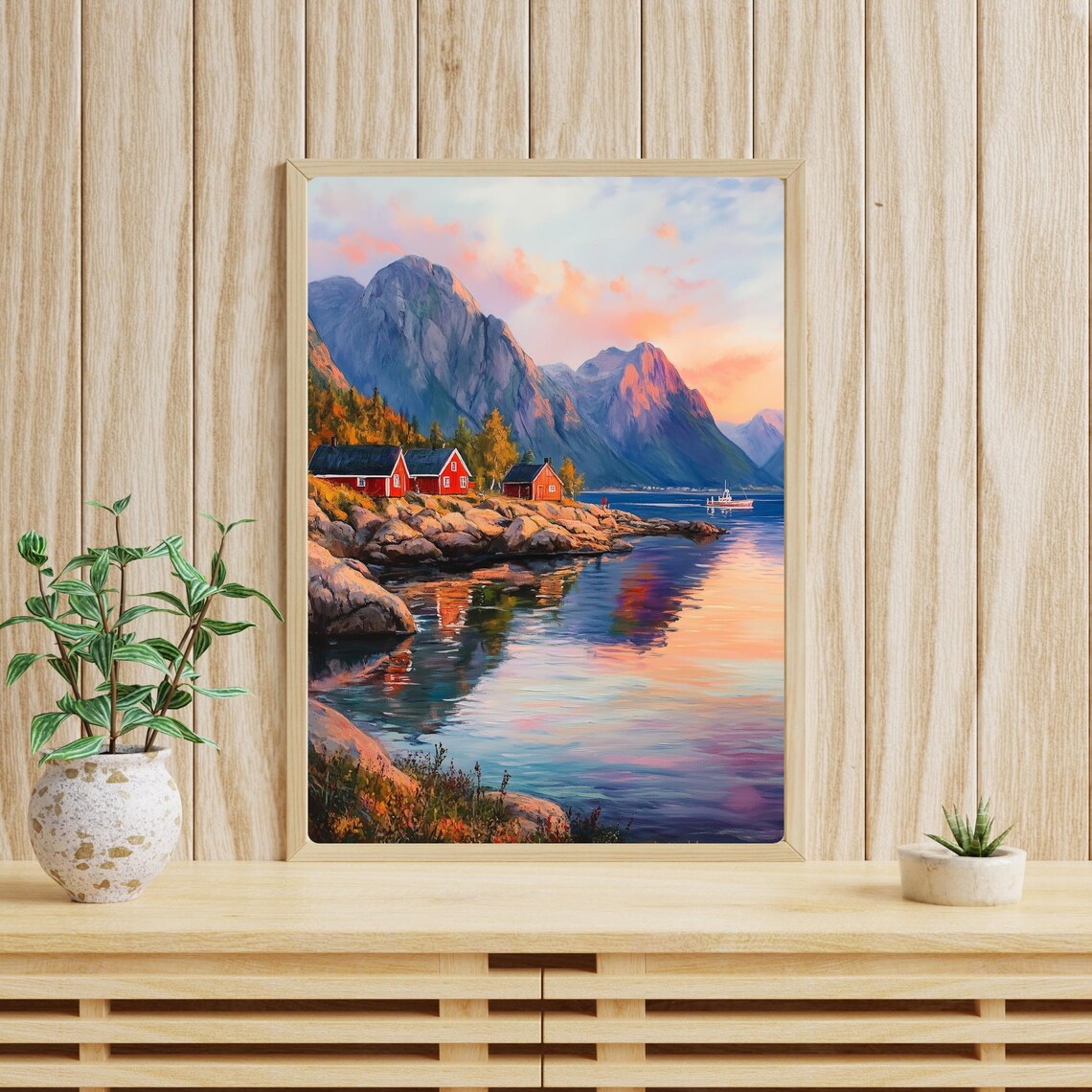 Norwegian Fjord Sunset Red Cabins Rocky Shore Mountain Lake Poster - Image 3
