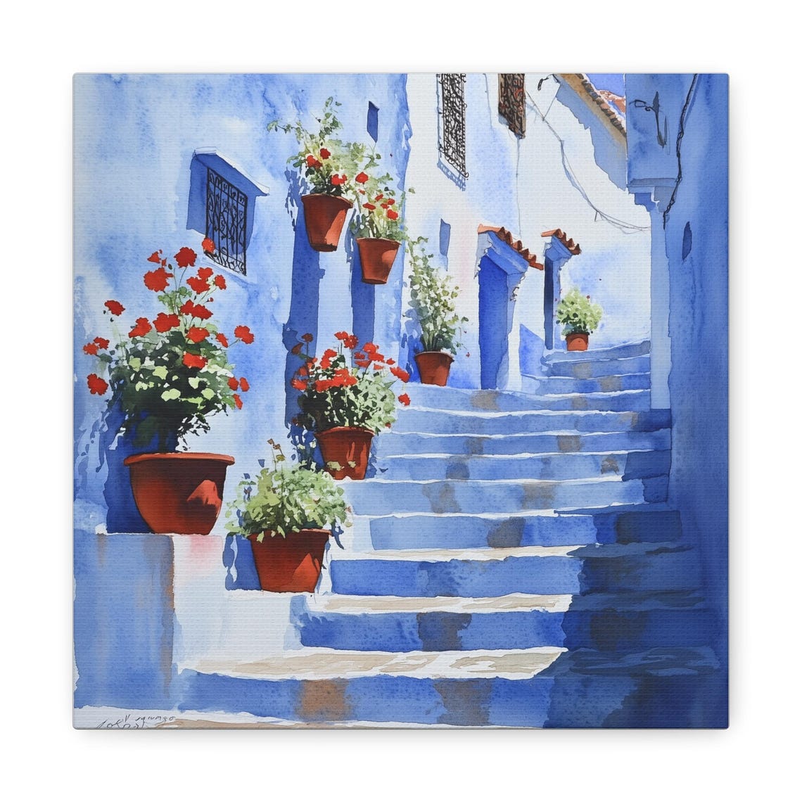 Chefchaouen Blue Painted Steps Red Geraniums Morocco Medina Poster