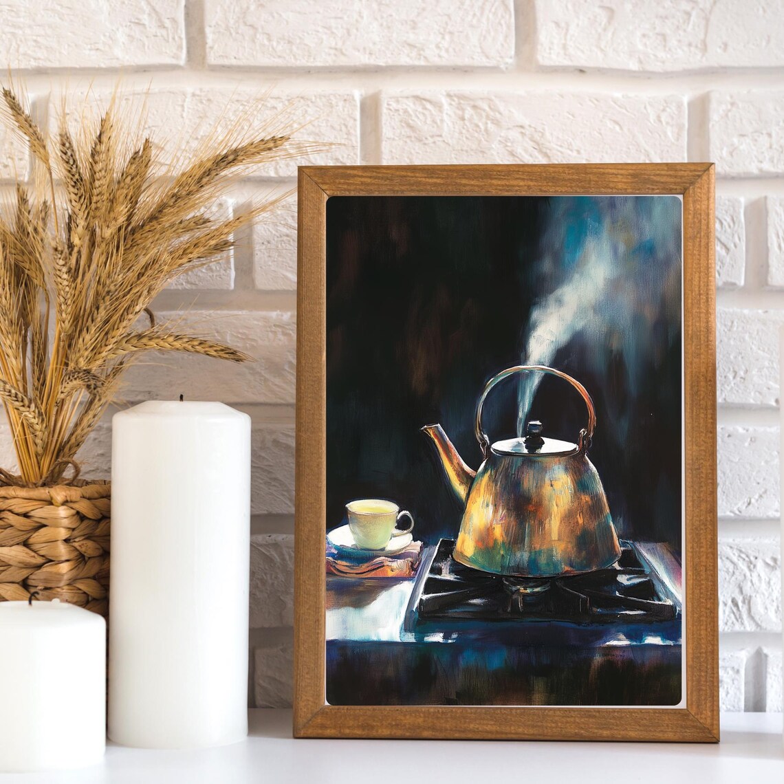 Tea Kettle Still Life Art Print Moody Kitchen Painting Warm Home Decor Copper Kettle Wall Art Vintage Tea Art - Image 2