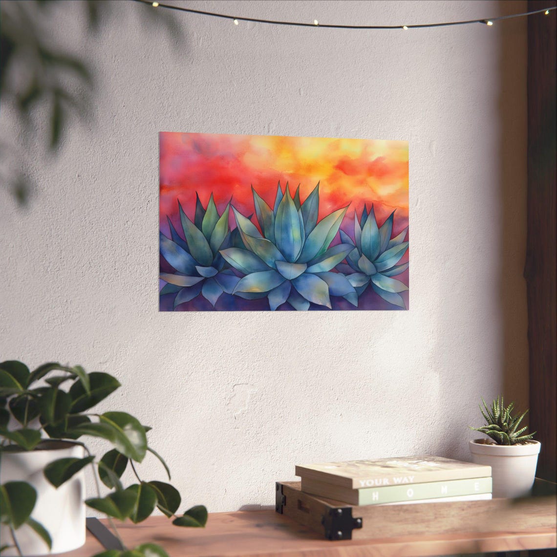 Three Agaves Soft Pink Sunset Watercolor Botanical Desert Poster - Image 6