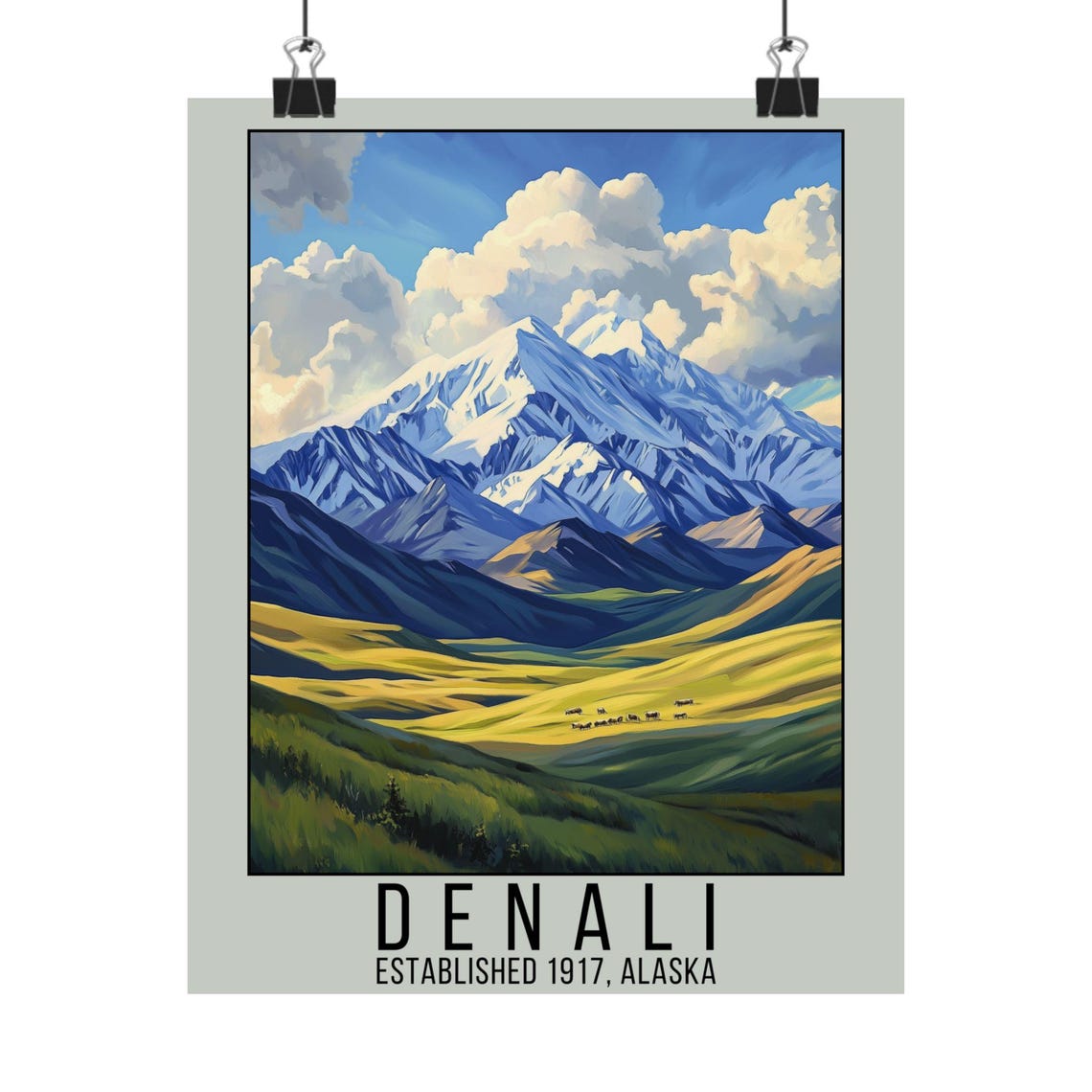 Denali Alaska National Park Vintage Snow Capped Mountain Travel Poster