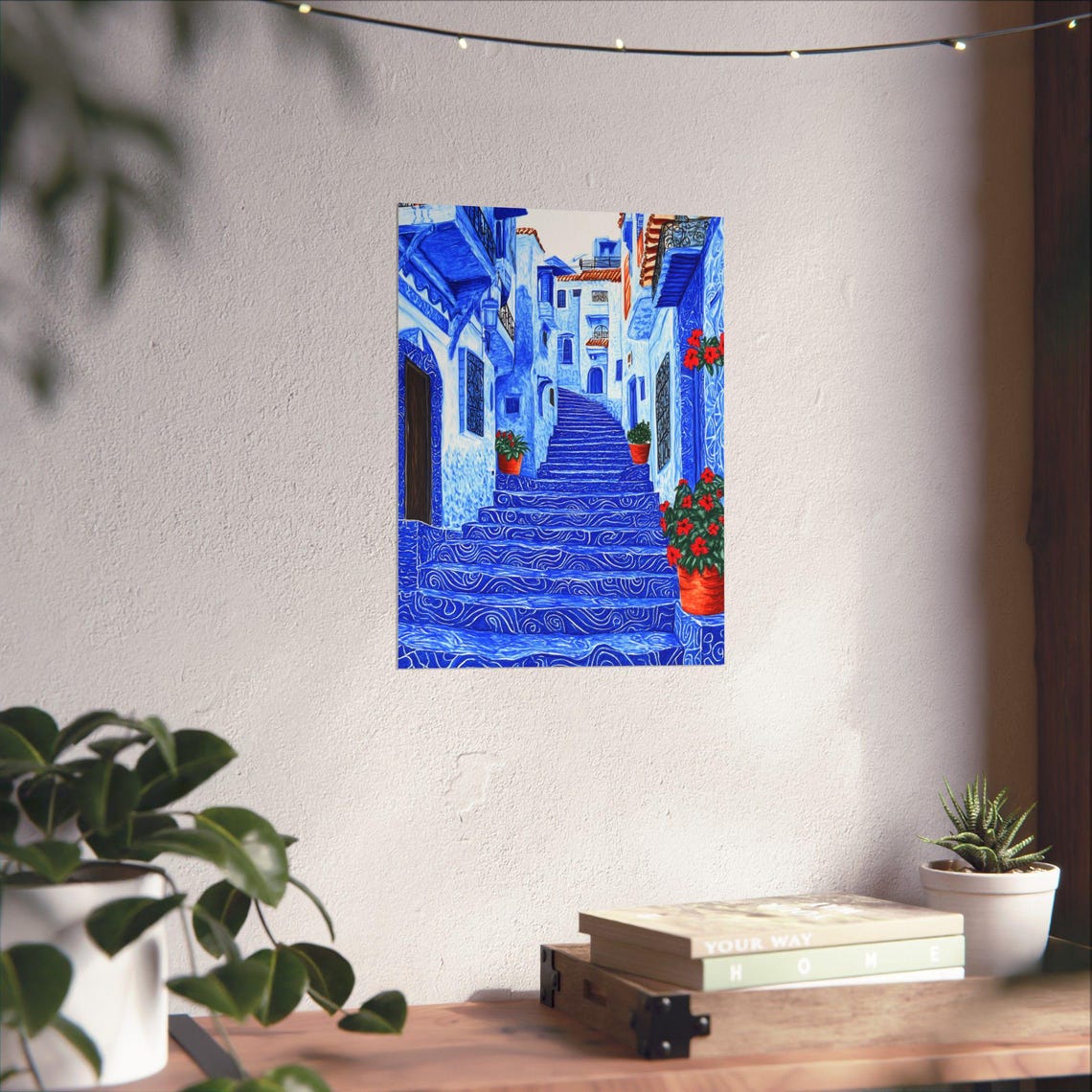 Chefchaouen Morocco Blue Painted Steps with Red Flowers Poster - Image 2