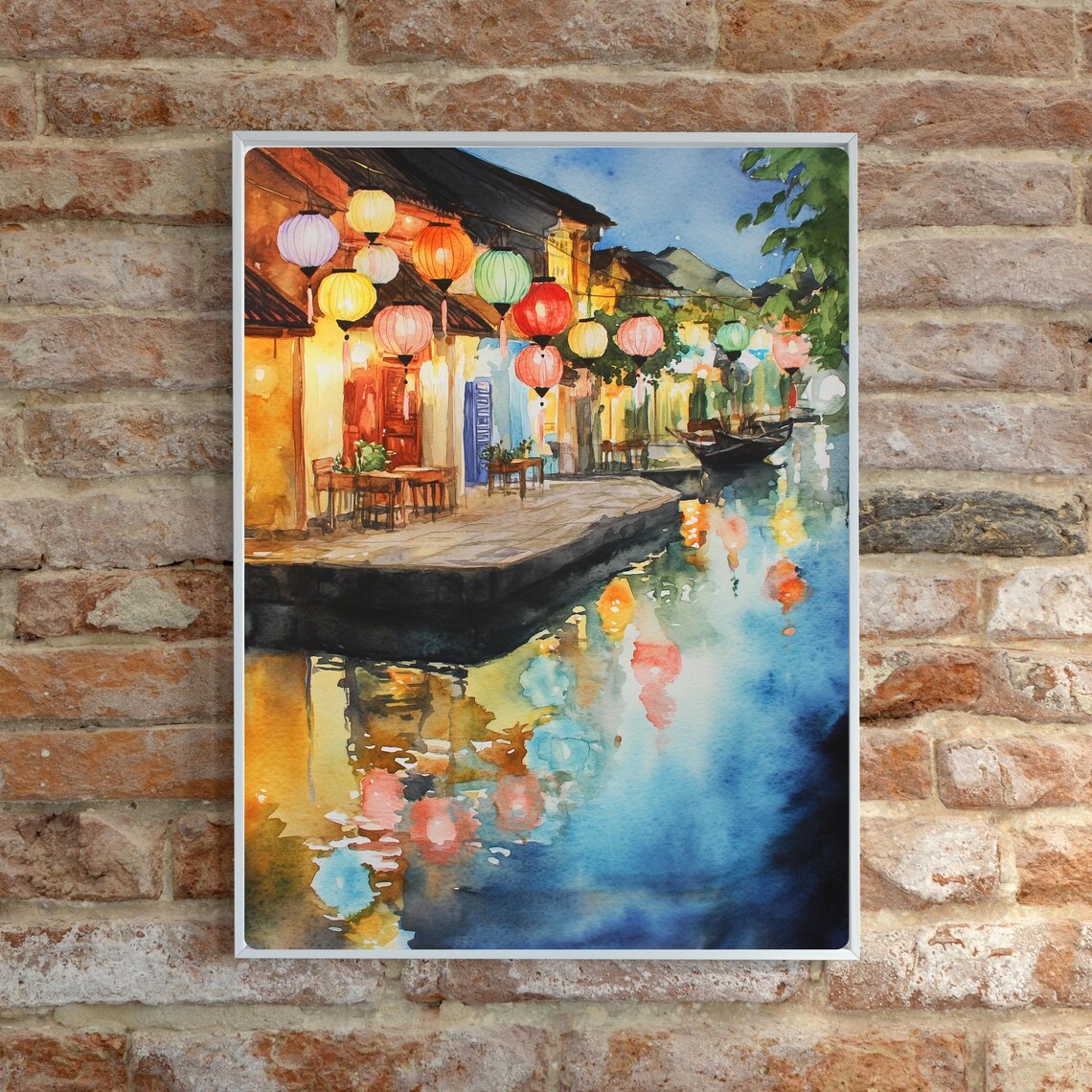 Hoi An Riverside Lantern Night Market Scene Watercolor Poster - Image 6