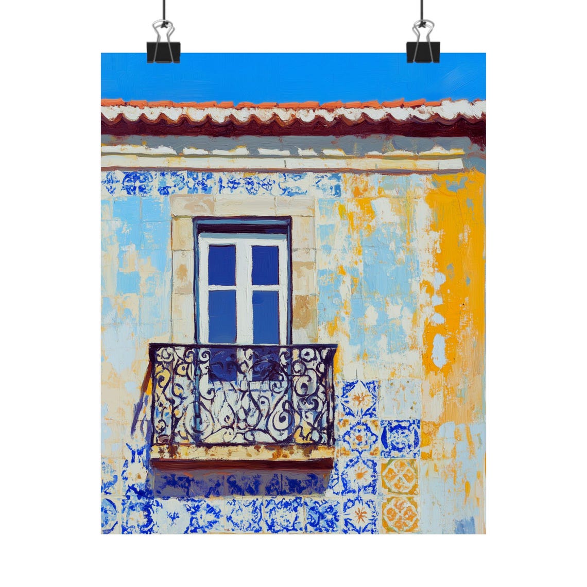 Lisbon Azulejo Tile Balcony Facade Sunny Portugal Travel Poster