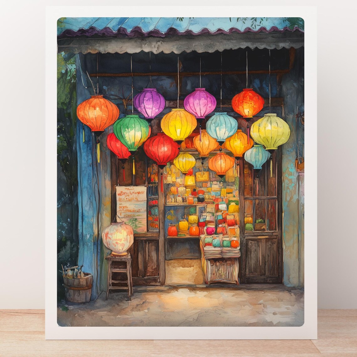 Vietnamese Lantern Shop Colorful Silk Lanterns Watercolor Poster - Image 5