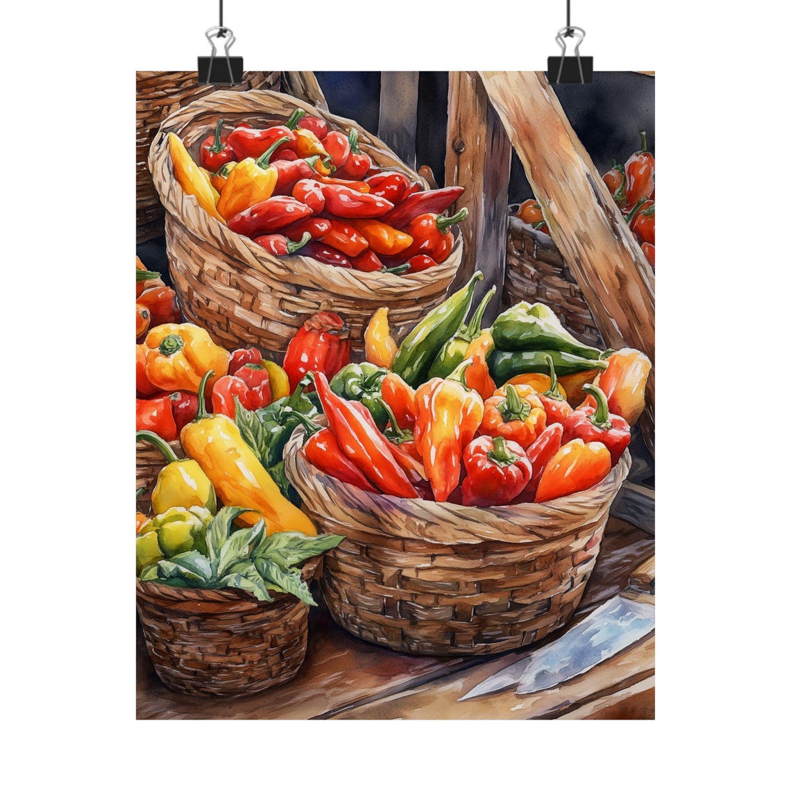 Pepper Harvest Wicker Baskets Colorful Market Watercolor Poster