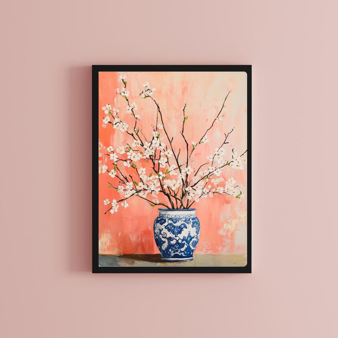 Cherry Blossom Branches in a Blue Porcelain Vase on Coral Print - Image 2