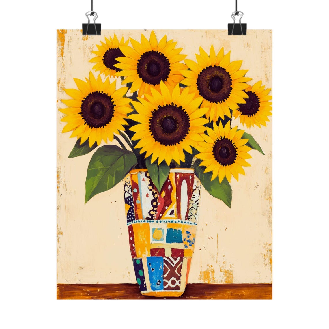 Bright Sunflowers in Patchwork Vase Cheerful Summer Floral Poster