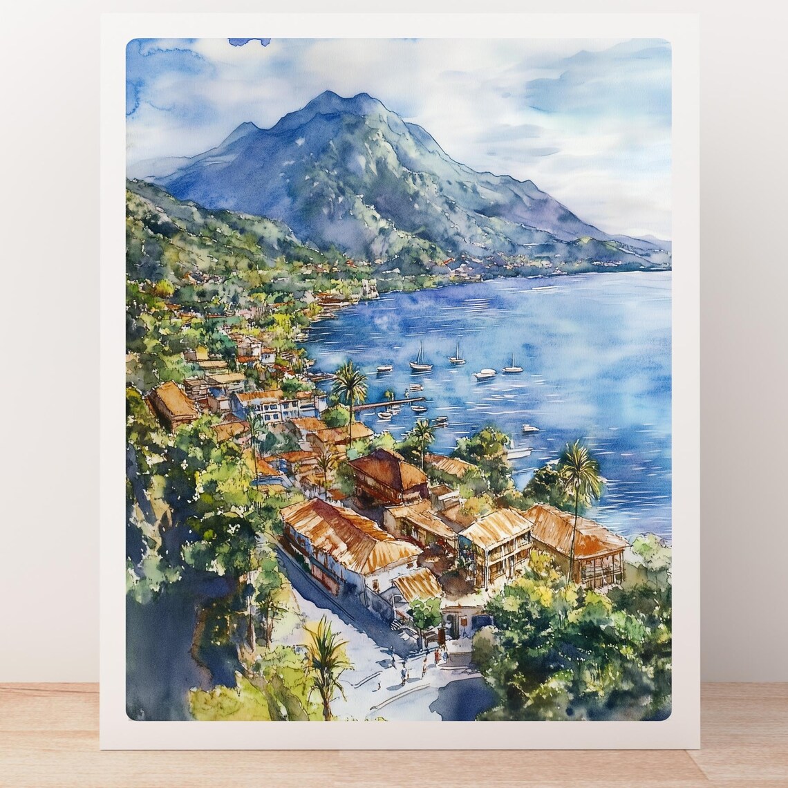Lake Atitlan Guatemala Aerial Lakeside Town Volcano Watercolor Poster - Image 5