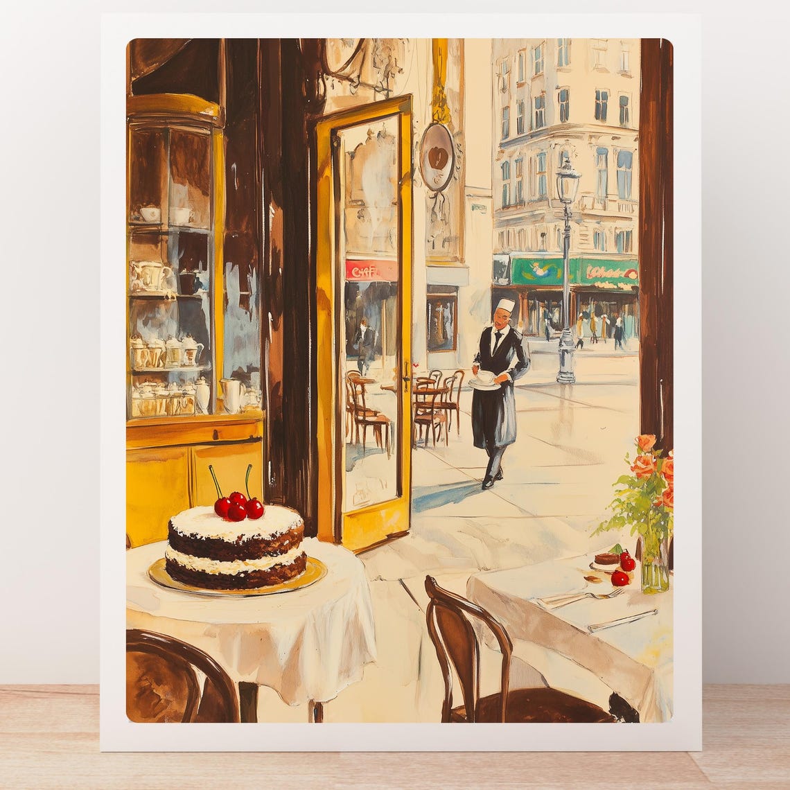 Viennese Cafe Interior with Cherry Cake and Waiter Painting Poster - Image 4