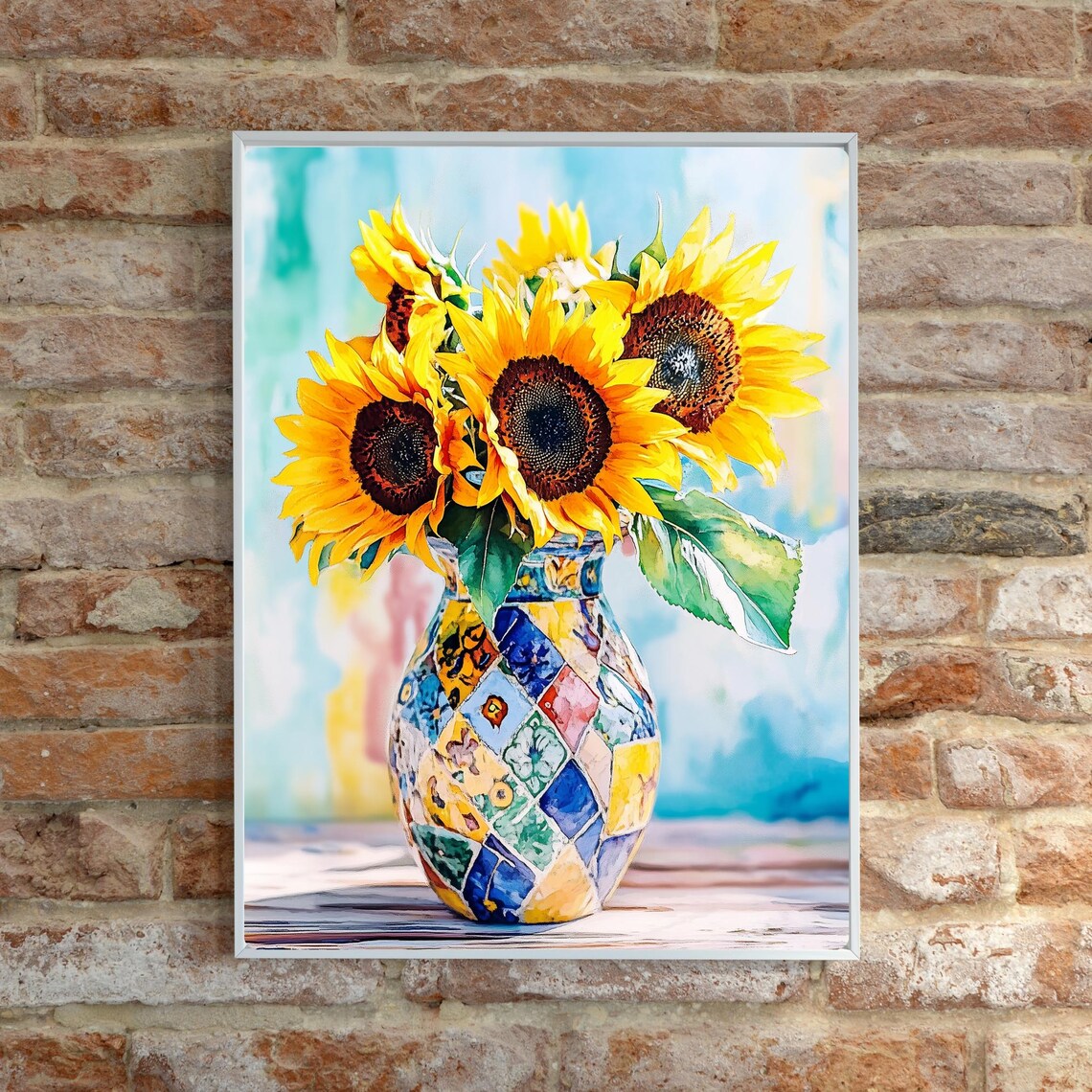 Sunflower Bouquet in Colorful Mosaic Vase Sunny Floral Poster - Image 3