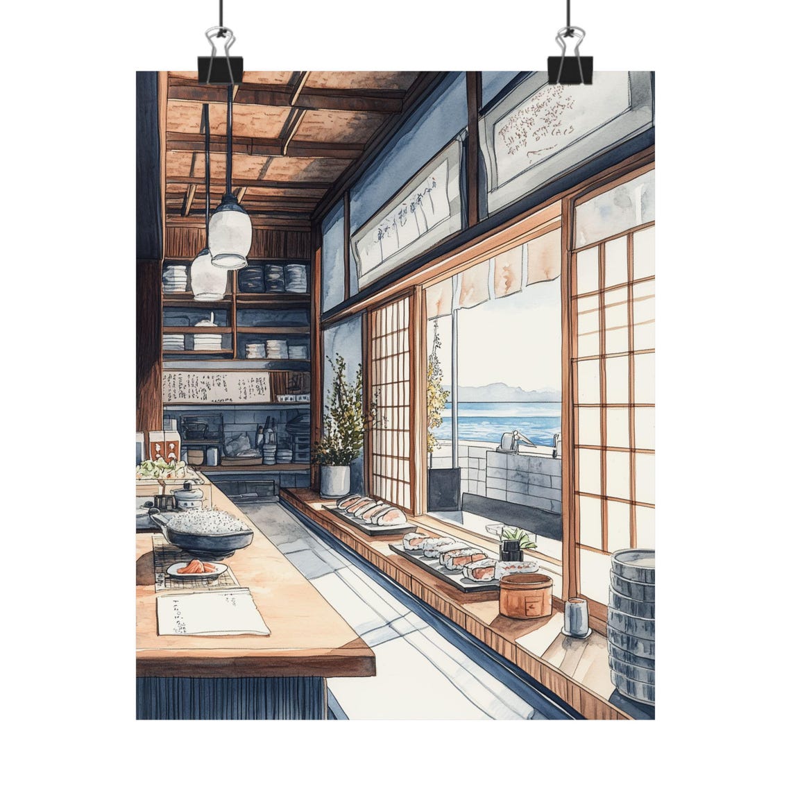 Japanese Coastal Sushi Shop Ocean View Interior Restaurant Poster