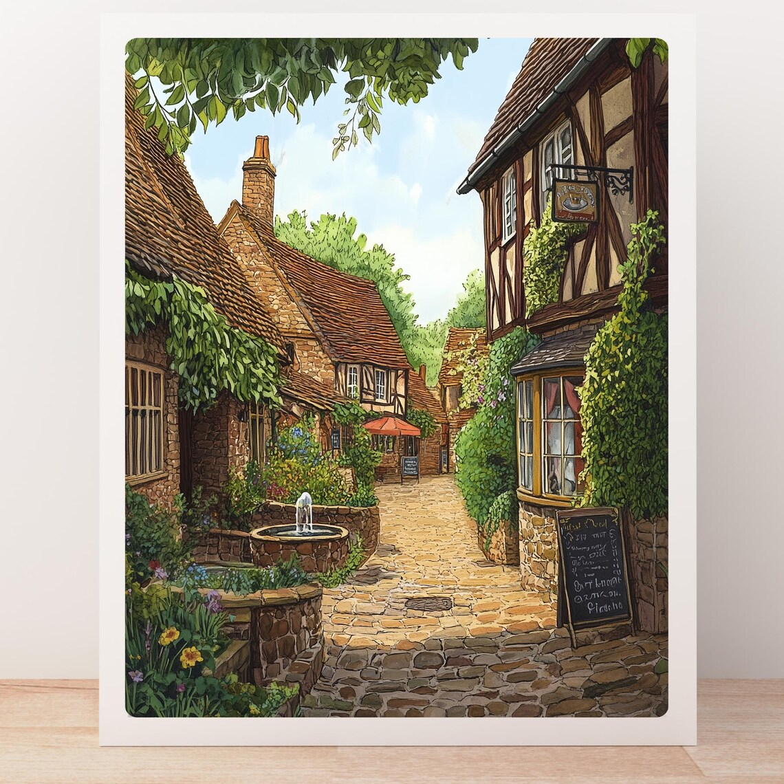 English Village Cobblestone Street Tudor Houses Fountain Poster - Image 5