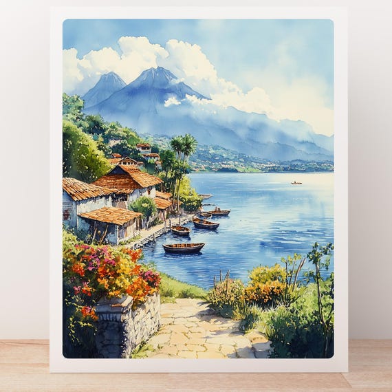 Lake Atitlan Watercolor Art Guatemala Poster Rainforest Landscape Wall Print Mayan Village Decor Lake Atitln Painting Art