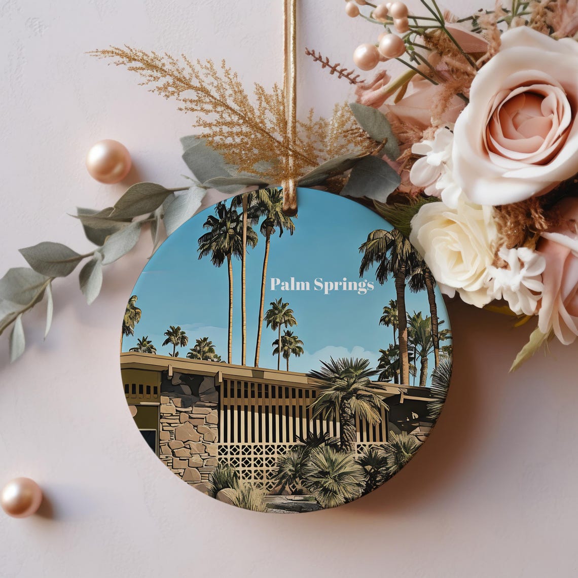 Palm Springs Mid Century Modern Palms Retro Round Ornament Print