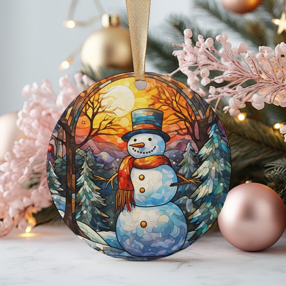 Cheerful Snowman Stained Glass Winter Sunset Ornament Holiday Print