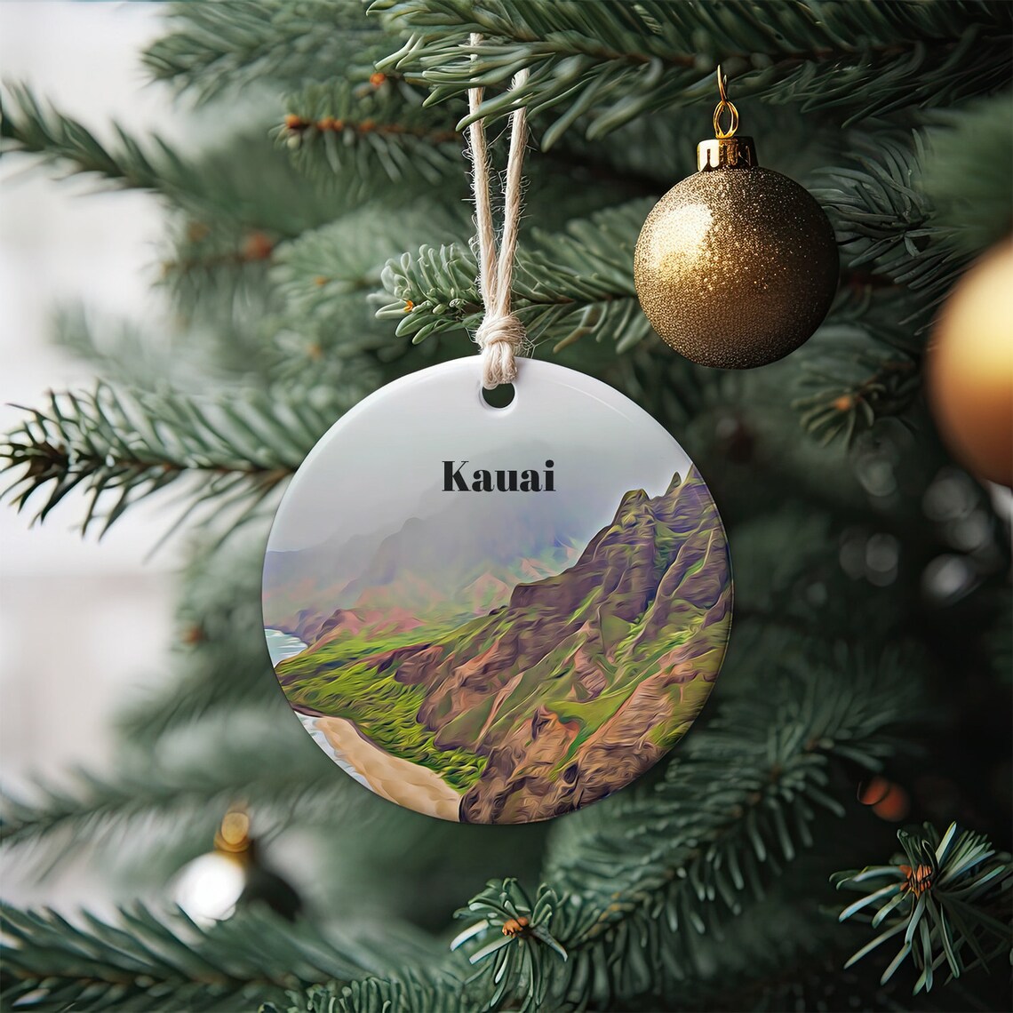 Kauai Hawaii Christmas Ornament Tropical Cliff Coast Travel Poster