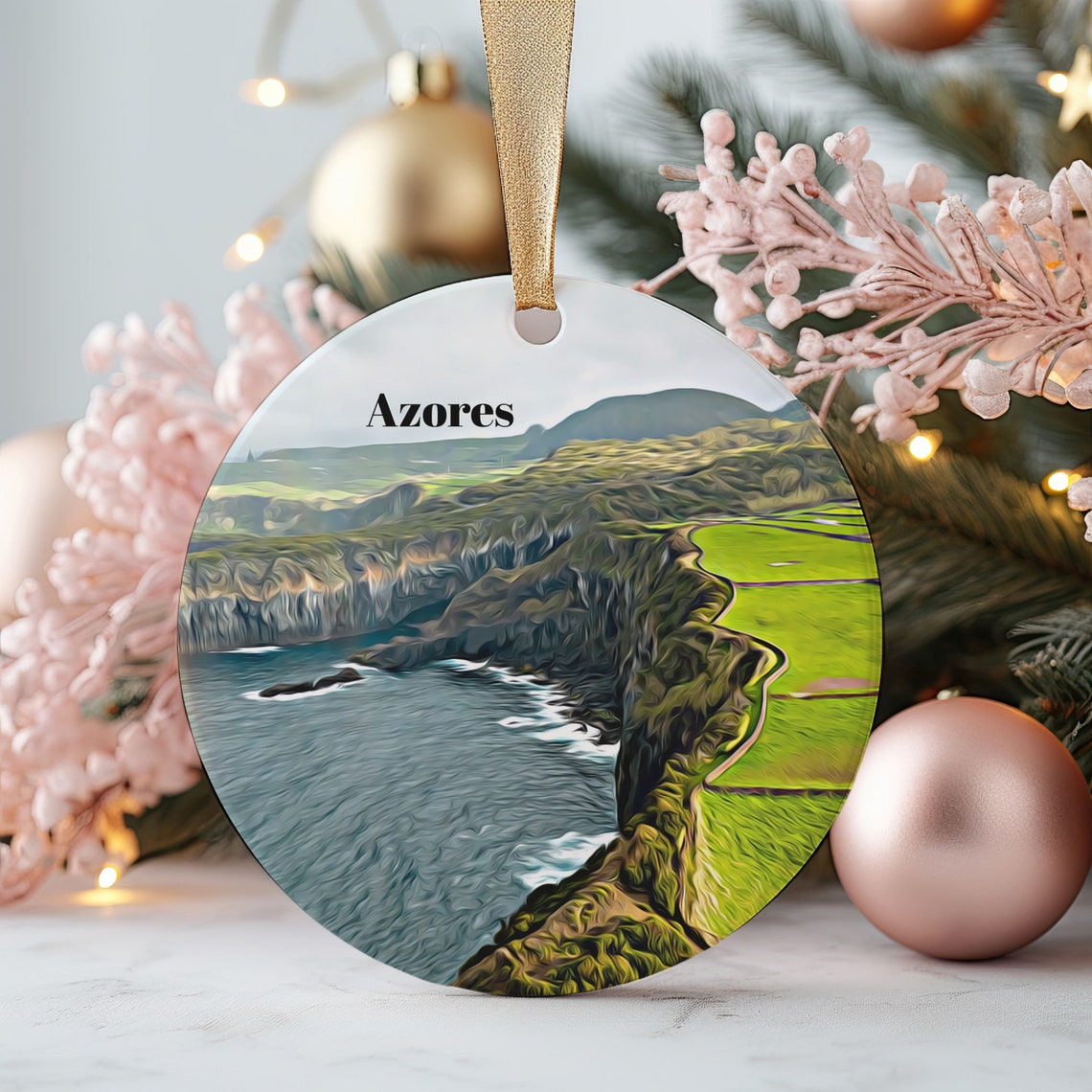 Azores Portugal Dramatic Cliffs and Ocean Round Ornament Poster