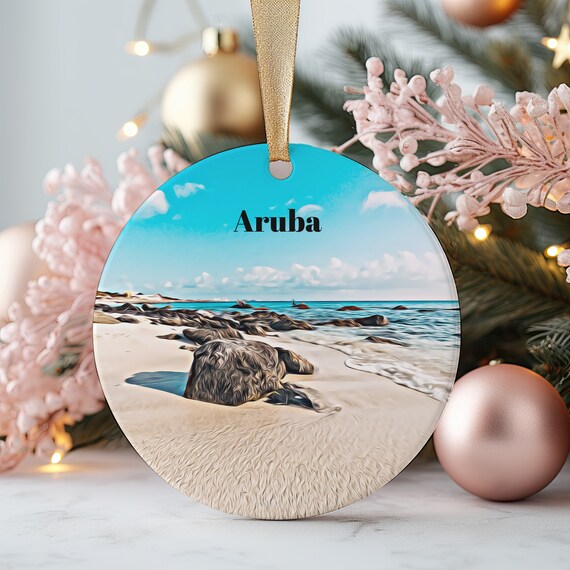 Aruba Caribbean Beach Rocky Shore Round Christmas Tree Ornament Art Print