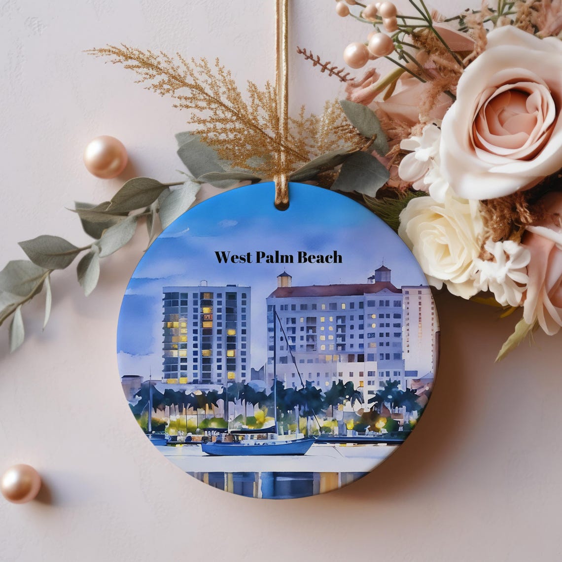 West Palm Beach Florida Marina Skyline Round Christmas Ornament Print
