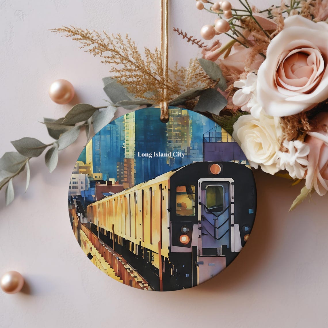 Long Island City Queens Subway Train Skyline Holiday Ornament Print