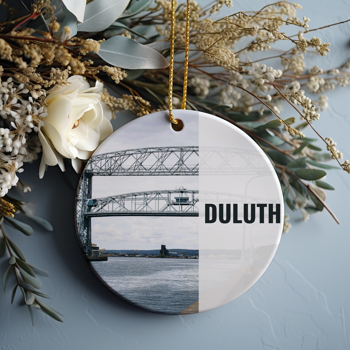 Duluth Minnesota Aerial Lift Bridge Lake Superior Holiday Ornament Print