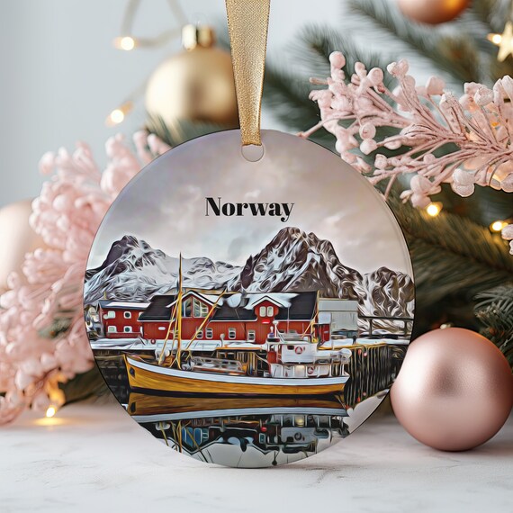 Norway Winter Harbor Round Christmas Ornament Snowy Fjord Gift Poster