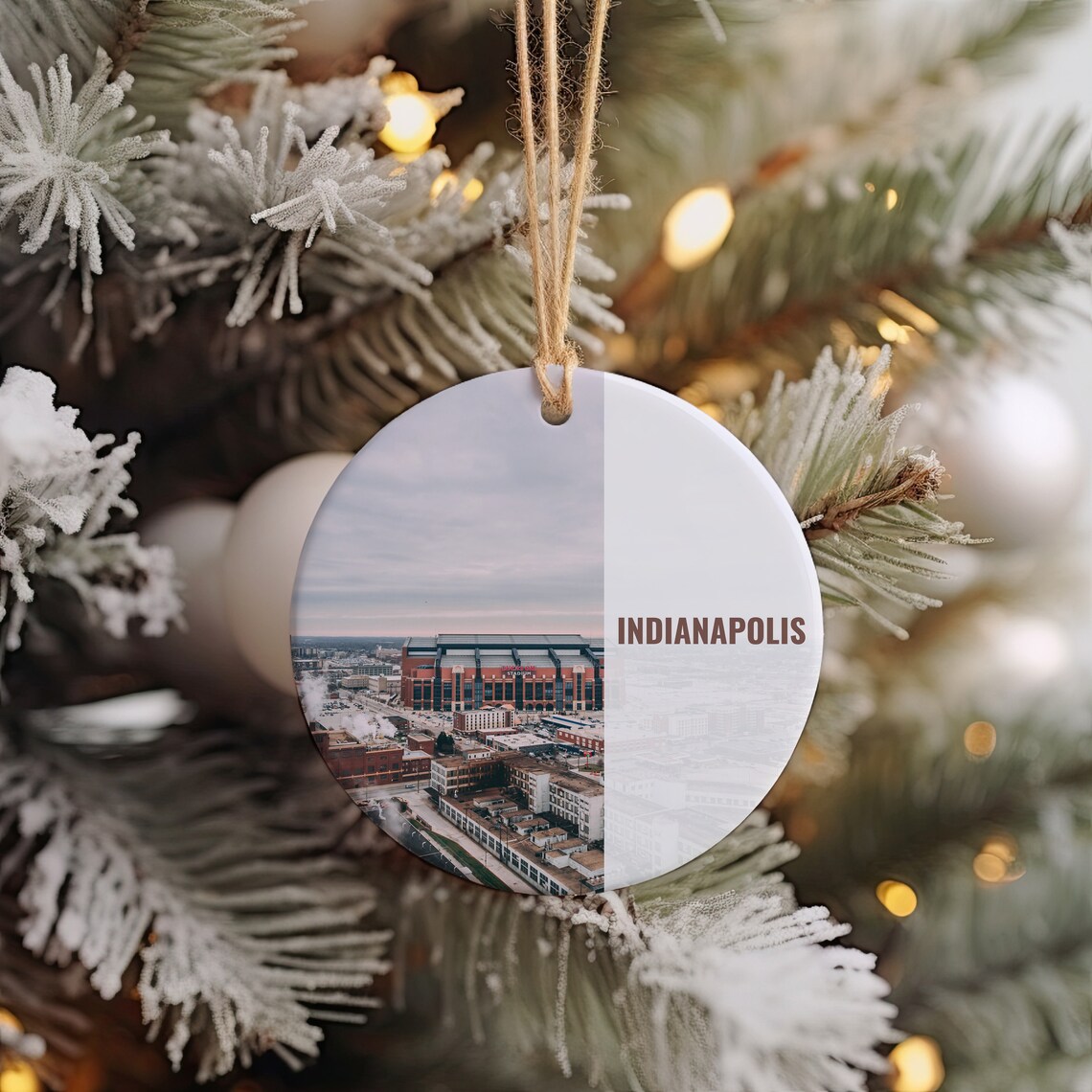 Indianapolis Downtown Aerial Round Christmas Ornament Travel Poster