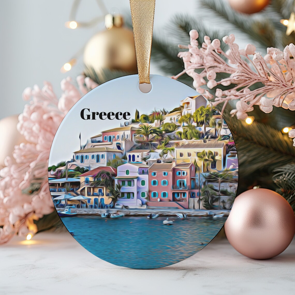 Greece Island Village Harbor Watercolor Souvenir Ornament Wall Art