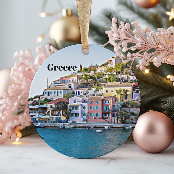 Greece Island Village Harbor Watercolor Souvenir Ornament Wall Art
