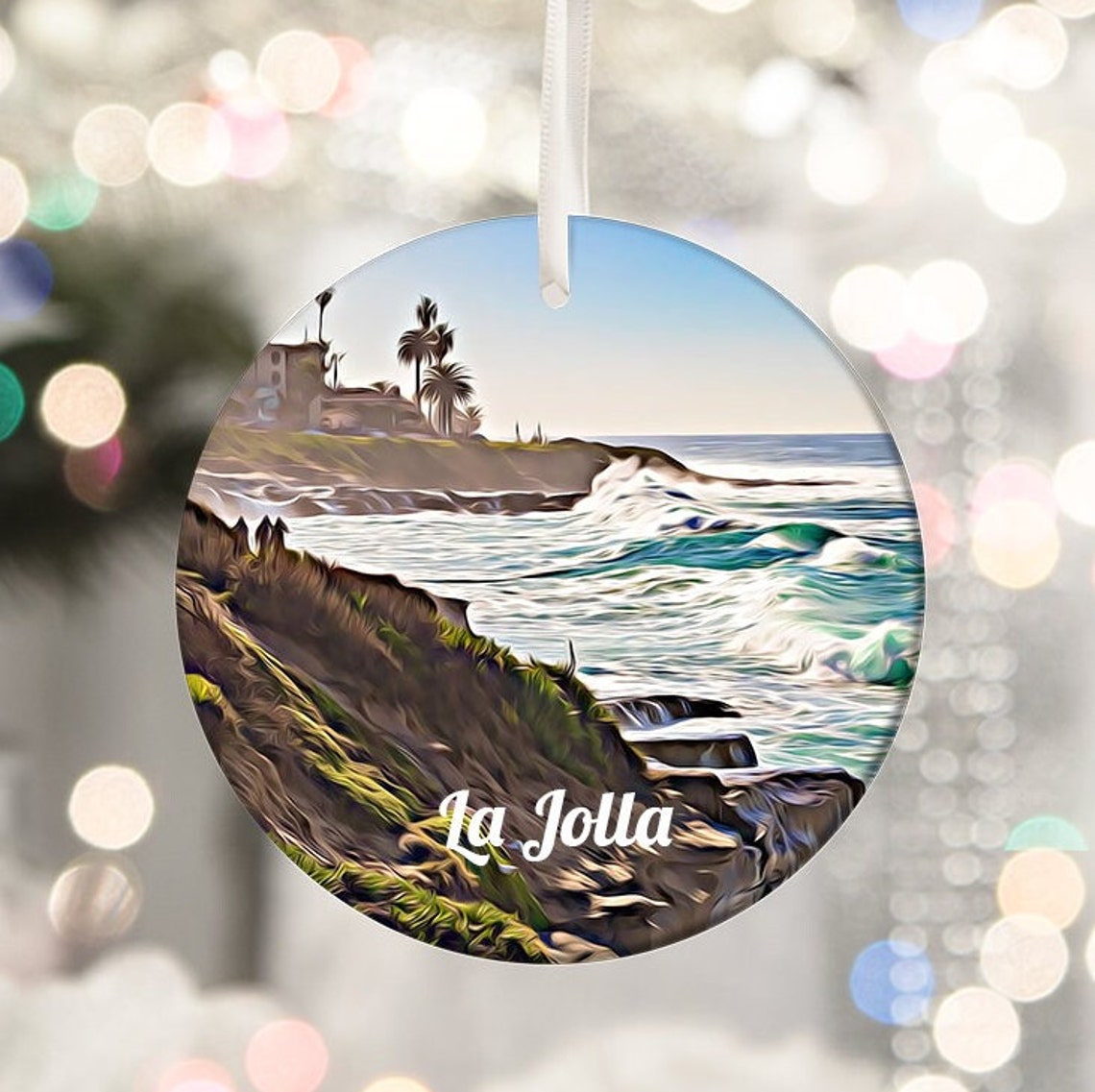 La Jolla Cliffs Ocean Waves Round Ornament Beach Keepsake Poster