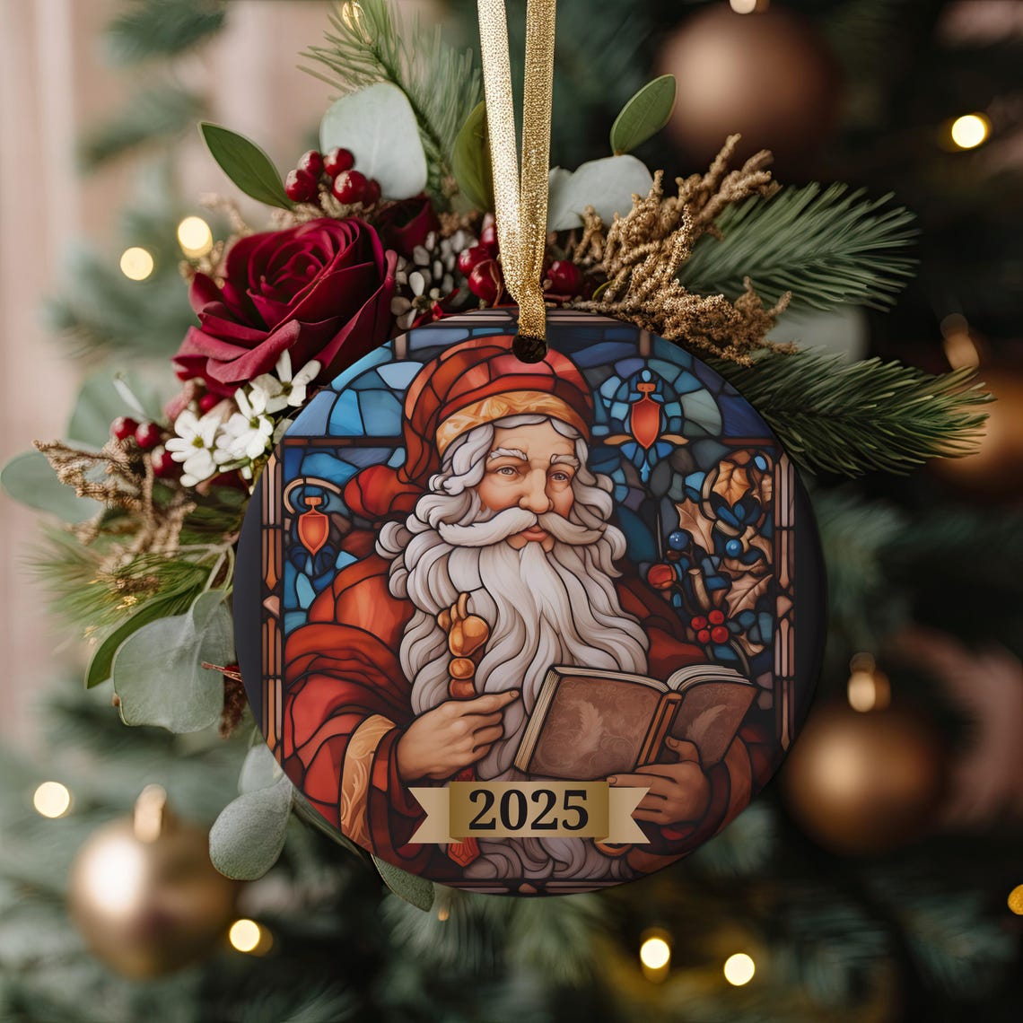 2025 Stained Glass Santa Reading Story Book Holiday Keepsake Print