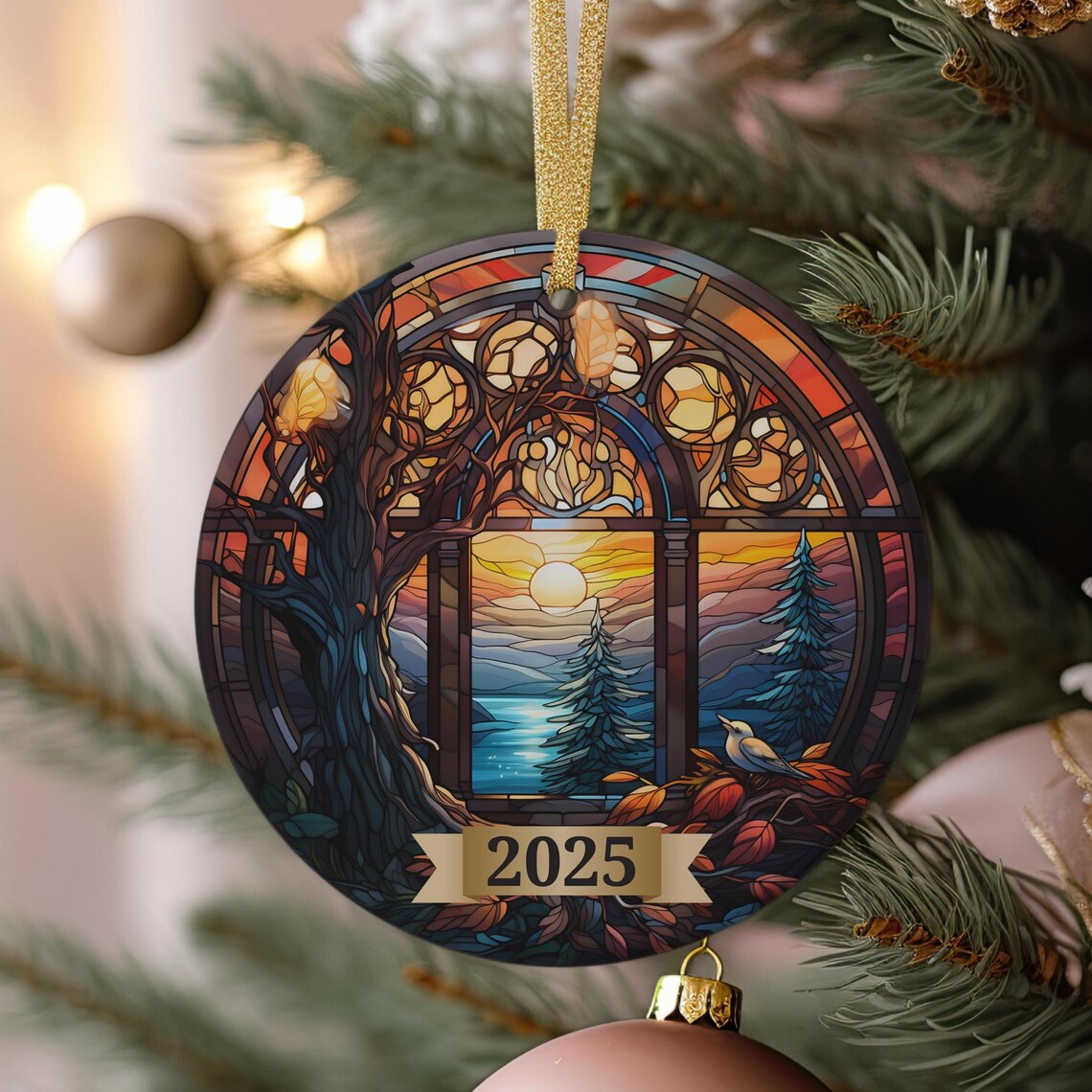 2025 Stained Glass Sunset Window Ornament Print Autumn Holiday Tree Decor